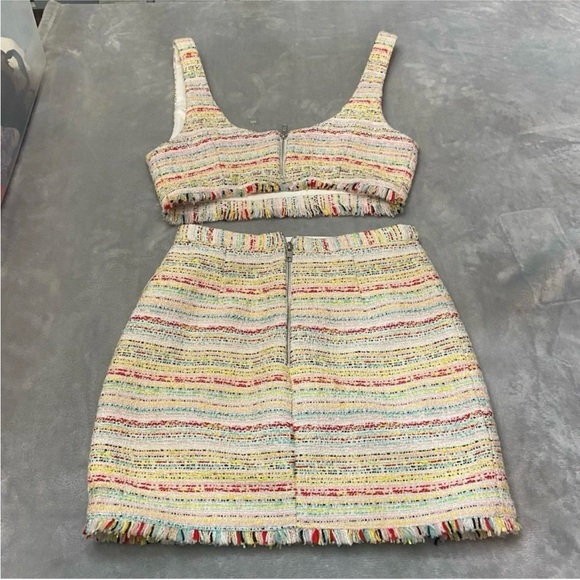 NBD Shawna Tweed Pastel Crop Top & Mini Skirt Set S | Fringe Hem 2-Piece Outfit - Picture 3 of 10
